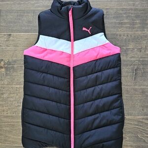 Puma Girl's Black and Neon Pink Puffer Vest sz 10/12